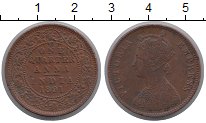 Монета Британская Индия 1/4 анны 1891 Виктория Бронза XF