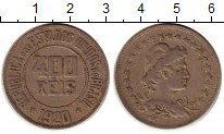 Монета Бразилия 400 рейс Медно-никель 1920 XF