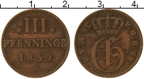 Продать Монеты Мекленбург-Стрелитц 3 пфеннига 1859 Медь