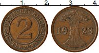 Продать Монеты Веймарская республика 2 пфеннига 1923 Медь