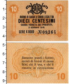 Продать Банкноты Италия 10 сентесимо 1918 