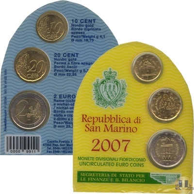 Продать Подарочные монеты Сан-Марино Набор евромонет 2007 года 2007 