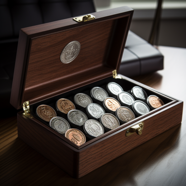 Коллекция монет из драг металлов в подарочном кейсе.