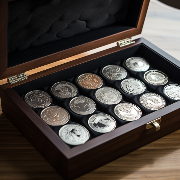 Подарок - набор монет из платины в деревянном футляре