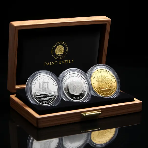 Особо ценные монеты золотая, серебряная, платиновая в футляре для монет и в капсулах.