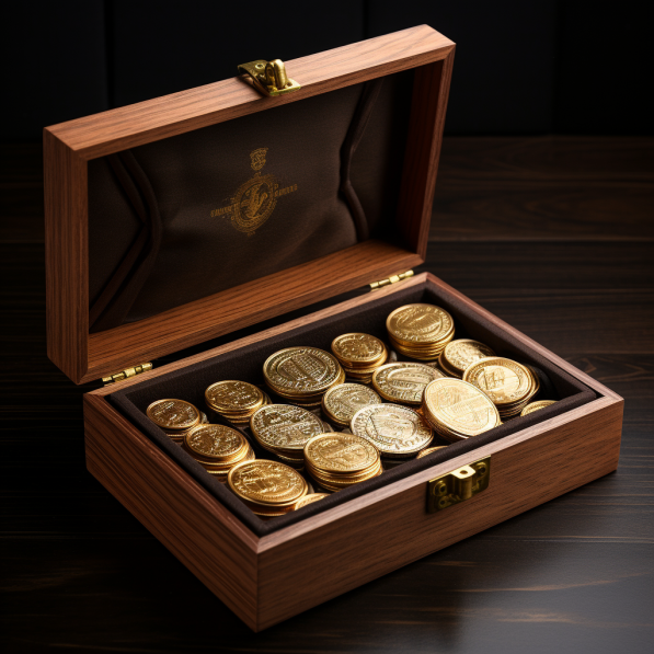 Набор монет из золота в деревянном футляре