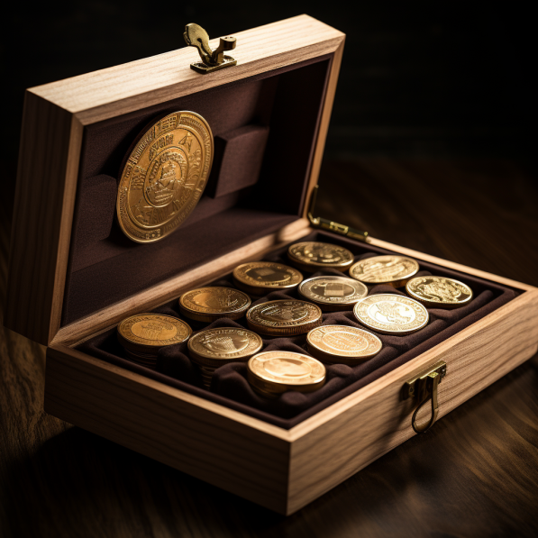 Подарок - набор монет из золота в роскошном деревянном футляре