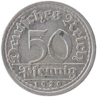 монета - веймарская республика 50 пфеннигов - подробная информация фото 1