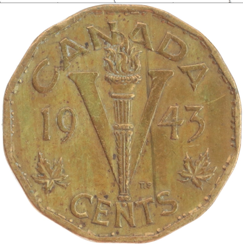 Монета 5 центов Канады 1943 года Бронза