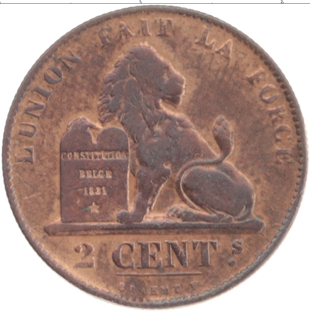 Монета 2 сантима Бельгии 1863 года Медь