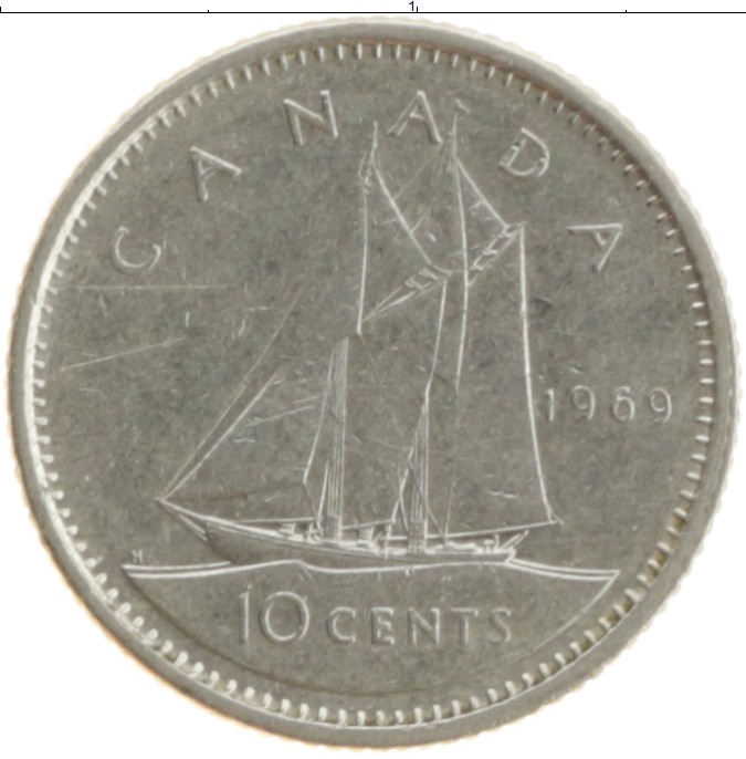 Монета 10 центов Канады 1969 года Медно-никель