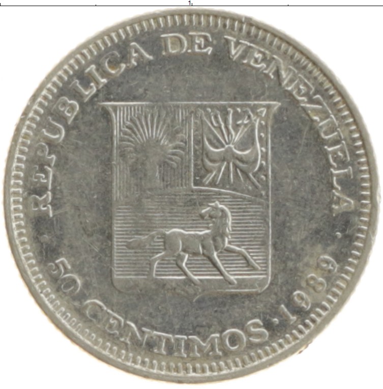 Монета 50 сентим Венесуэлы 1989 года Медно-никель Симон Боливар