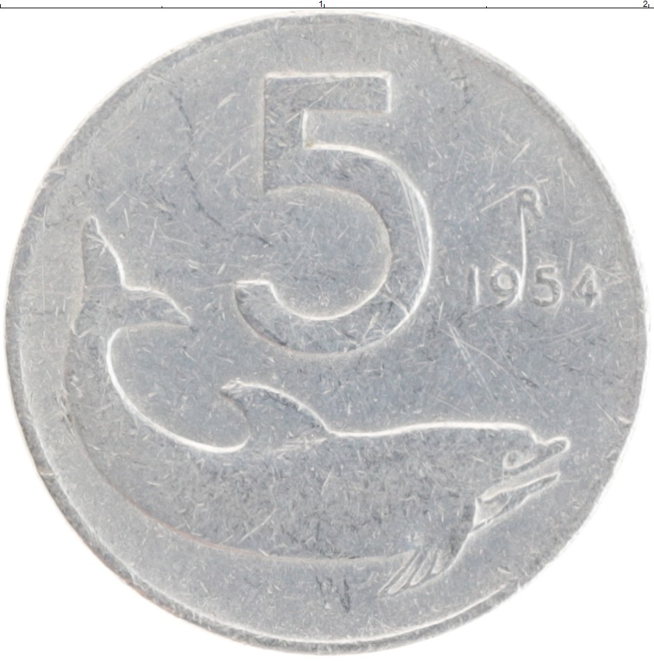 Монета 5 лир Италии 1954 года Алюминий Дельфин