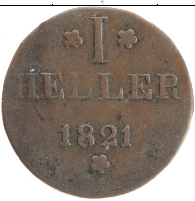 

Монеты Клуб Нумизмат, Монета Франкфурт 1 хеллер 1821 GВ Медь XF