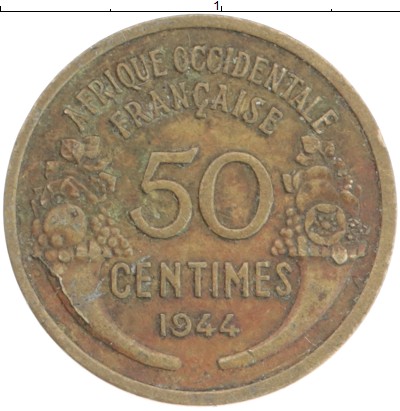 

Монеты Клуб Нумизмат, Монета Французская Западная Африка 50 сантим 1944 Бронза XF