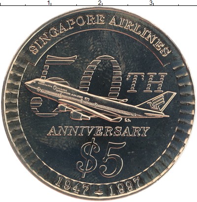 

Монеты Клуб Нумизмат, Монета Сингапур 5 долларов 1997 50 лет Сингапурским авиалиниям Ме...