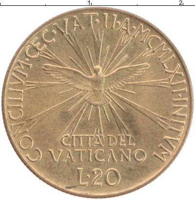 Монета Ватикан 20 лир 1962 Иоанн XXIII Бронза UNC-