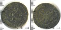 Монета 1689 – 1725 Петр I 1 деньга Медь 1708