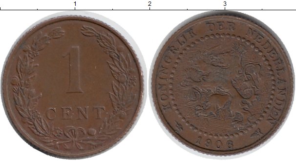 Монета Нидерланды 1 цент 1906 Бронза XF