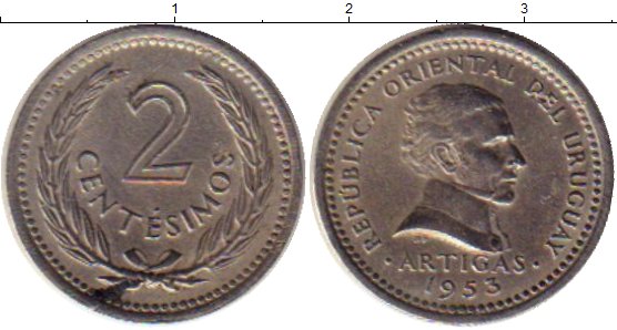 

Монеты Клуб Нумизмат, Монета Уругвай 2 сентесимо 1953 Хосе Артигас Медно-никель XF
