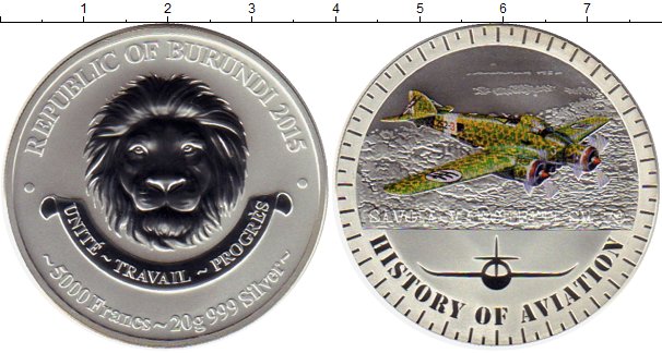 Монета Бурунди 5000 франков 2015 История авиации Серебро Proof