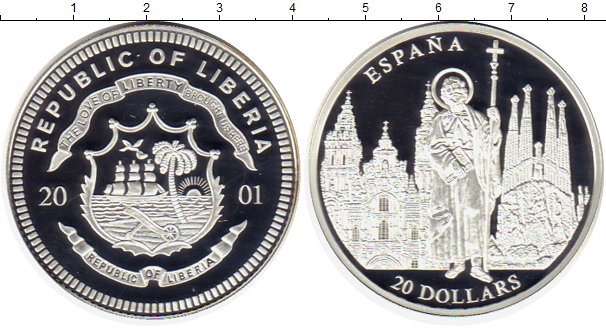 

Монеты Клуб Нумизмат, Монета Либерия 20 долларов 2001 Испания Серебро Proof
