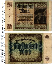 банкнота(бона) - веймарская республика 5.000 марок - подробная информация фото 1